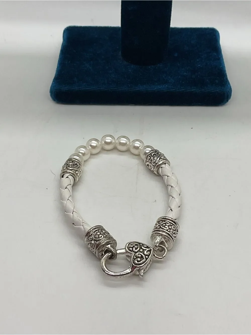 White Braided Leather and faux pearl Bracelet with Silver Toned Details